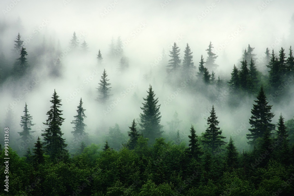 Dense forest shrouded in mist, showcasing silhouettes of pine trees contrasting against soft gray clouds, creating an ethereal and mysterious atmosphere. Dense forest shrouded in mist, showcasing silhouettes of pine trees contrasting against soft gray clouds, creating an ethereal and mysterious atmosphere.