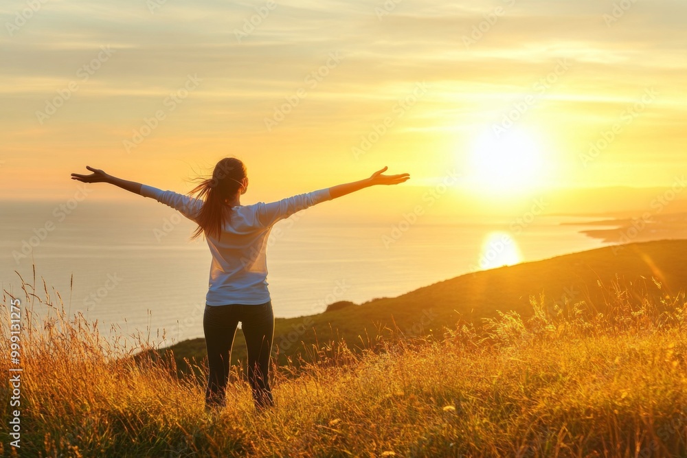 Woman with arms outstretched on a grassy hill, basking in the warm golden light of a beautiful sunrise over the ocean, embodying happiness and peace. Woman with arms outstretched on a grassy hill, basking in the warm golden light of a beautiful sunrise over the ocean, embodying happiness and peace.