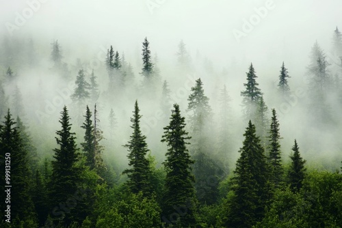 Dense forest shrouded in mist, showcasing silhouettes of pine trees contrasting against soft gray clouds, creating an ethereal and mysterious atmosphere.