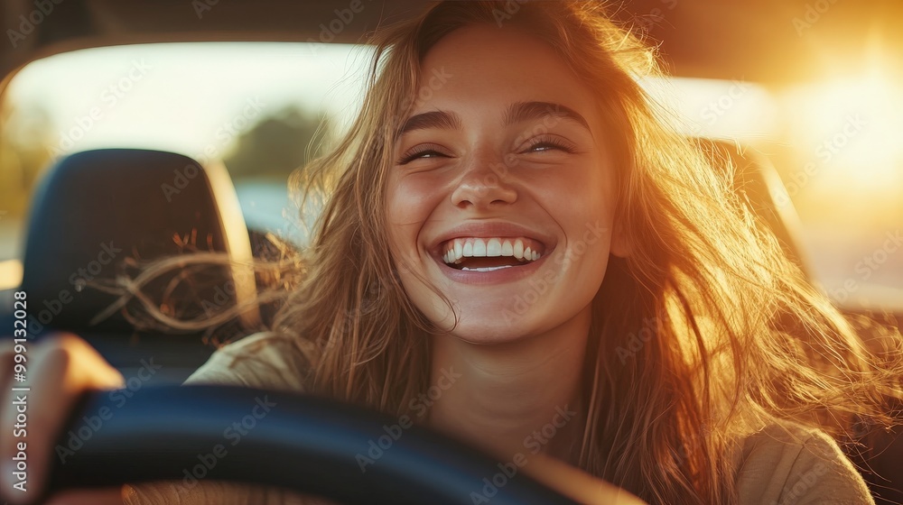 Overjoyed Woman Singing and Driving on a Sunny Day Overjoyed Woman Singing and Driving on a Sunny Day