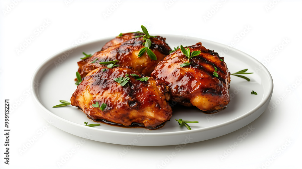 Succulent grilled chicken thighs glazed with rich barbecue sauce, garnished with fresh herbs, served on modern plate. Succulent grilled chicken thighs glazed with rich barbecue sauce, garnished with fresh herbs, served on modern plate.