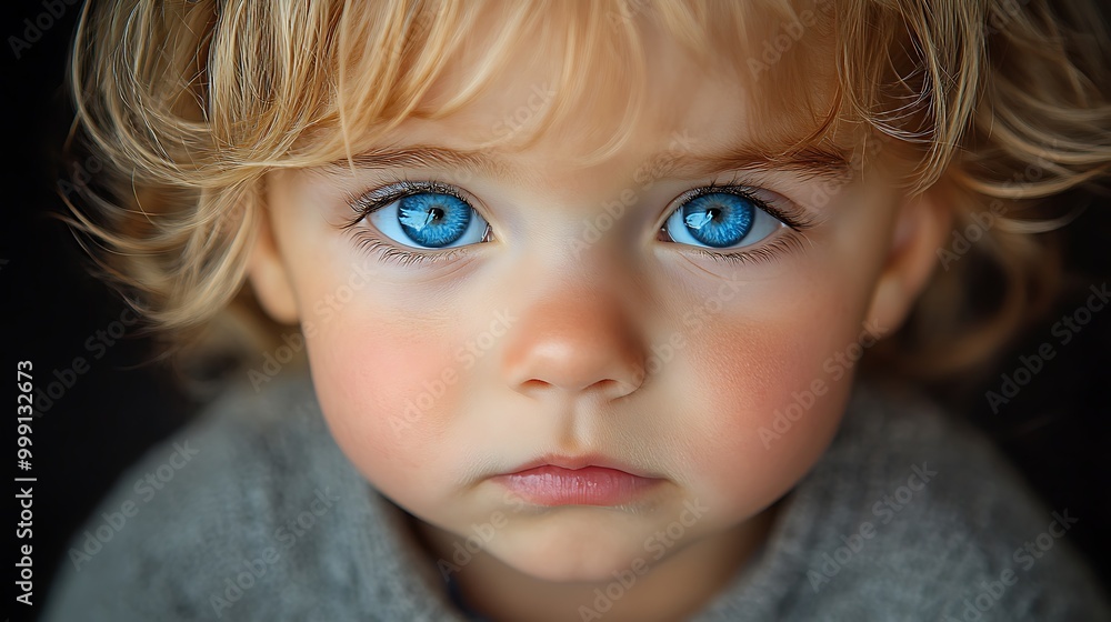 Close-up portrait of a young child with bright blue eyes looking directly at the camera. Close-up portrait of a young child with bright blue eyes looking directly at the camera.