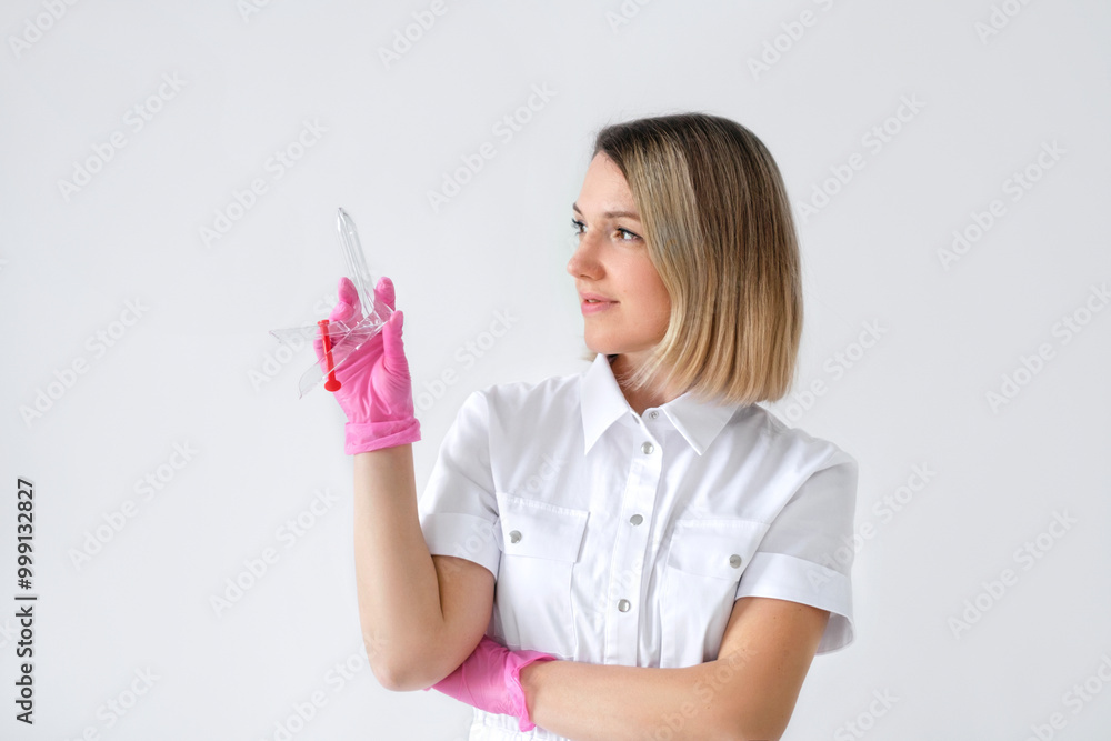 A female gynecologist doctor in a medical uniform and pink gloves on a white studio background with a plastic Speculum in hands A female gynecologist doctor in a medical uniform and pink gloves on a white studio background with a plastic Speculum in hands