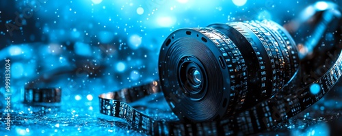 Digital blue and black film strip background Cinematography and entertainment industry movie banner or poster with camera reel photo