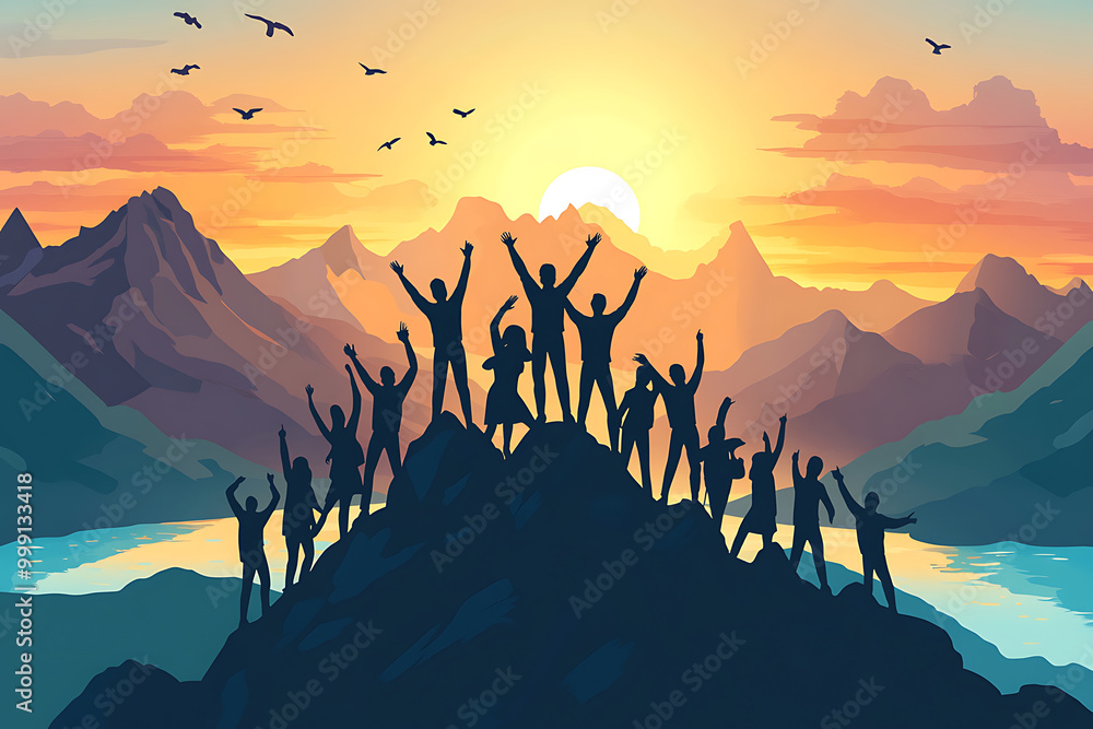 Fototapeta premium A group of people celebrating on a mountain peak during a colorful sunset.