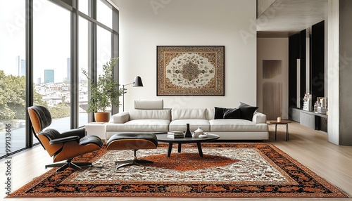 fine hand knotted traditional persian rug in modern luxury living room, bright room, nuetral colors, american style