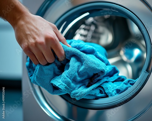 Hand taking dirty blue tshirt from washing machine drum, closeup view of hands Laundry machine on the background Hand near the door a modern silvergrey washing machine photo