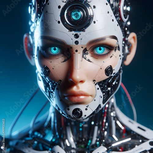 Robot of a woman with three blue eyes, staring with a hypnotizing gaze and behind it you can see a dark blue background.