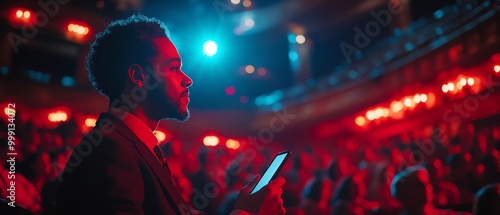 an aisle usher in a crowded dimly lit broadway theater holding up his phone photo