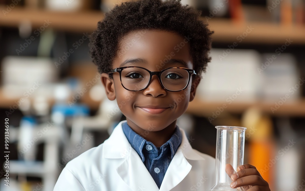 A young black boy wearing a lab coat and glasses is holding a beaker A young black boy wearing a lab coat and glasses is holding a beaker