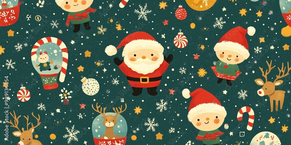A festive Christmas-themed seamless pattern featuring cute illustrations of Santa Claus, elves, reindeer, candy canes, snowflakes, and ornaments. A festive Christmas-themed seamless pattern featuring cute illustrations of Santa Claus, elves, reindeer, candy canes, snowflakes, and ornaments.