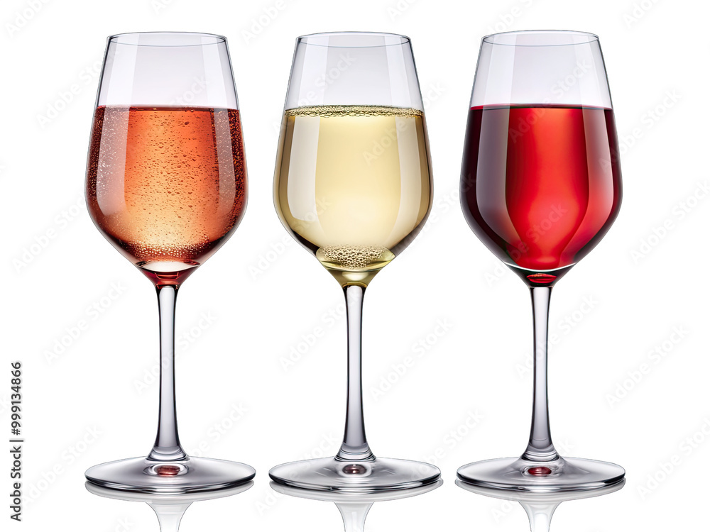 Fototapeta premium Three wine glasses, one filled with white wine, one with rose, and one with red, on a white background