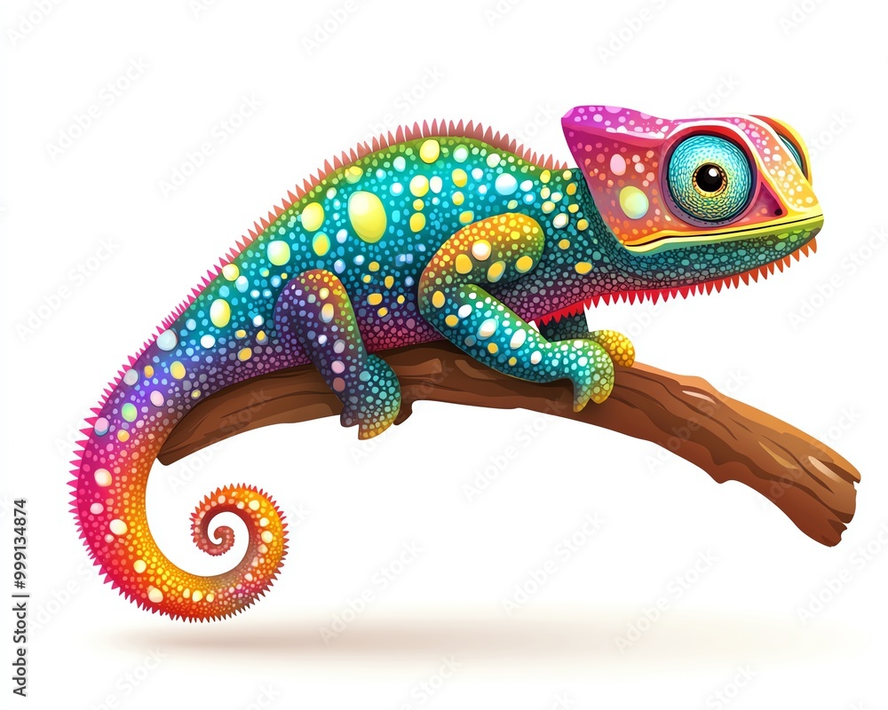 Obraz premium Colorful cartoon chameleon on branch with vibrant tail and playful expression