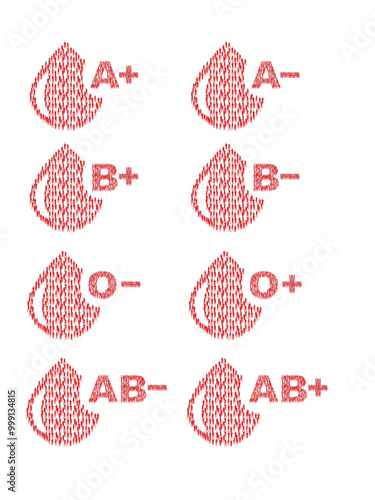 Blood type in the form of a drop of blood. Different blood types vector illustration. Blood test.