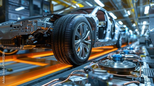 Close-up of a Car's Wheel and Chassis on a Factory Assembly Line