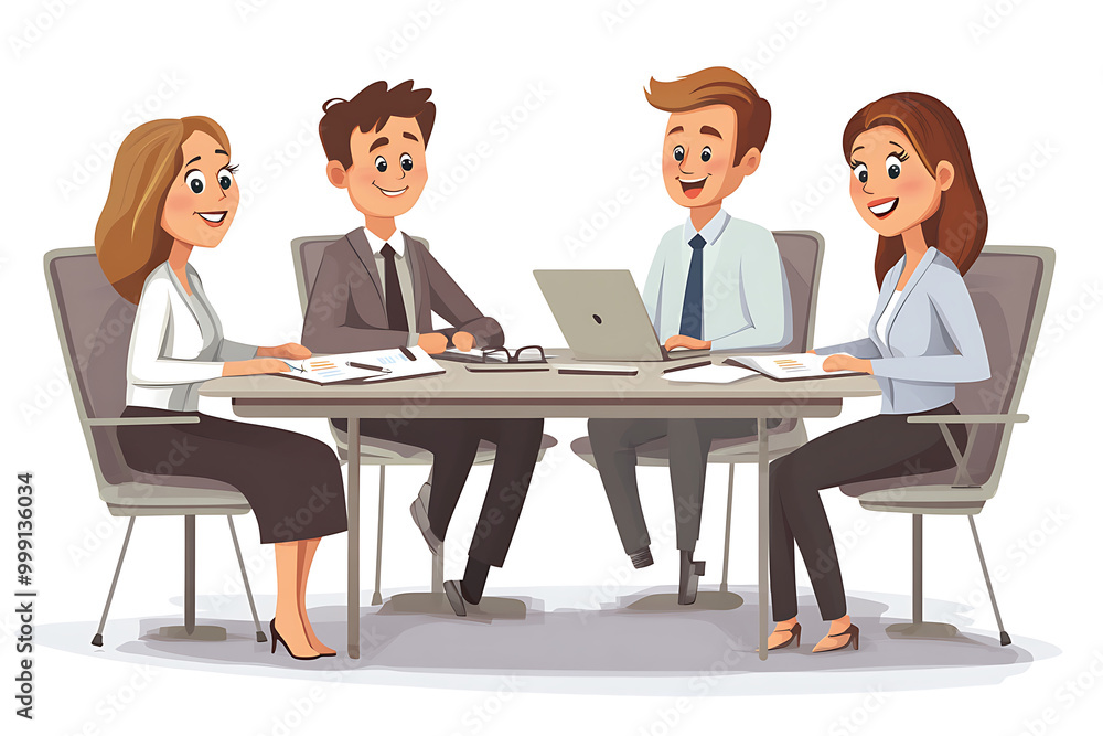 A group of four professionals engaged in a meeting around a conference table. A group of four professionals engaged in a meeting around a conference table.