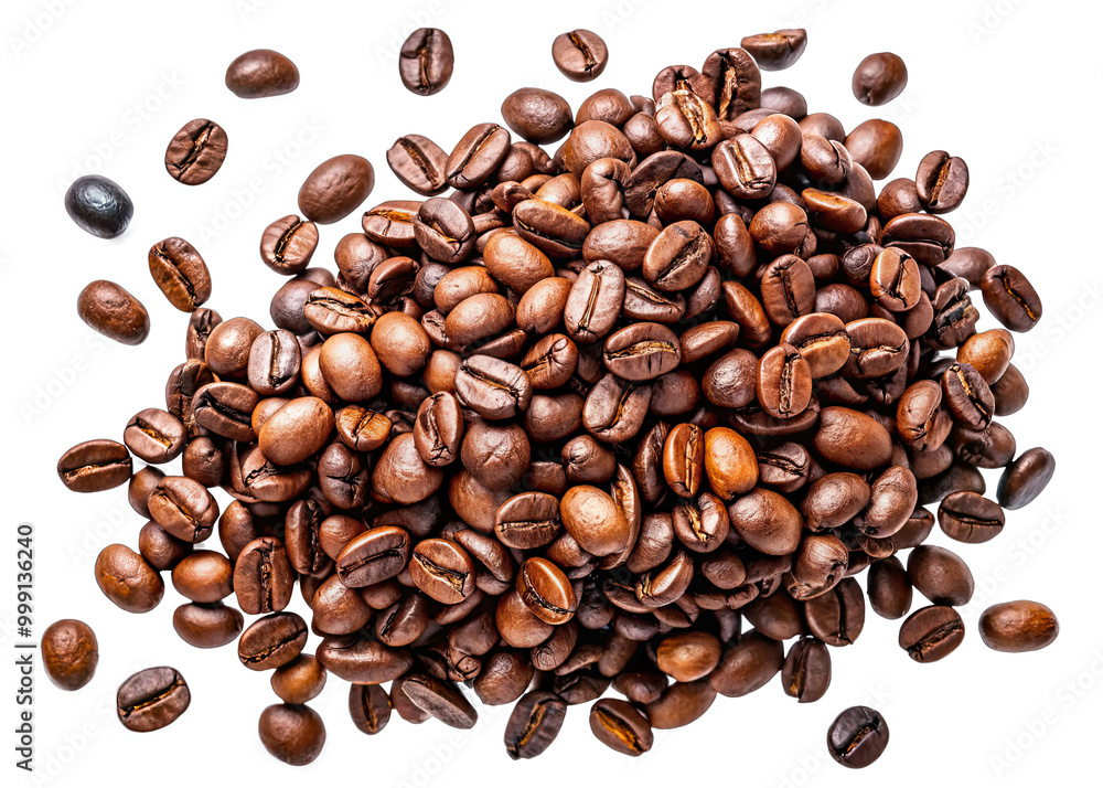 Obraz premium Roasted coffee beans falling in mid-air against a black background
