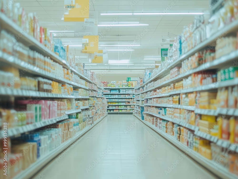 ethereal supermarket aisle soft focus creating dreamy atmosphere muted colors blurred product displays sense of vastness and consumerism subtle lighting effects ethereal supermarket aisle soft focus creating dreamy atmosphere muted colors blurred product displays sense of vastness and consumerism subtle lighting effects
