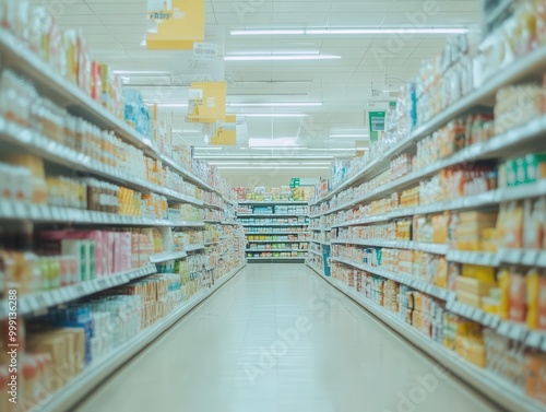 ethereal supermarket aisle soft focus creating dreamy atmosphere muted colors blurred product displays sense of vastness and consumerism subtle lighting effects