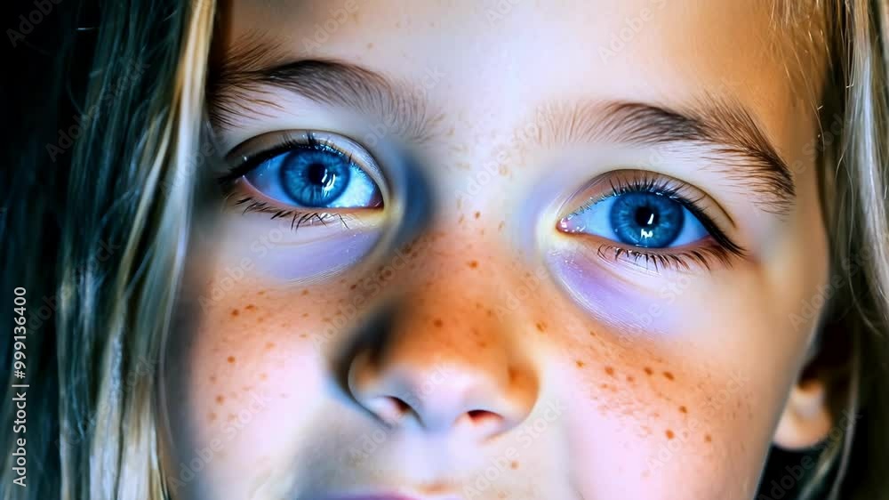 Close-up of a young girl's striking blue eyes, freckles scattered across her face, looking directly at the camera, evoking curiosity and innocence. Close-up of a young girl's striking blue eyes, freckles scattered across her face, looking directly at the camera, evoking curiosity and innocence.