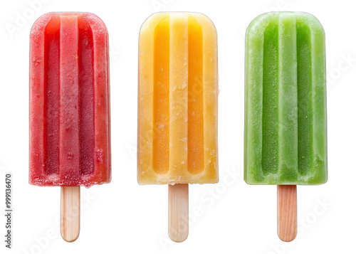 A red, yellow, and green popsicle lolly on wooden sticks, isolated against a white background