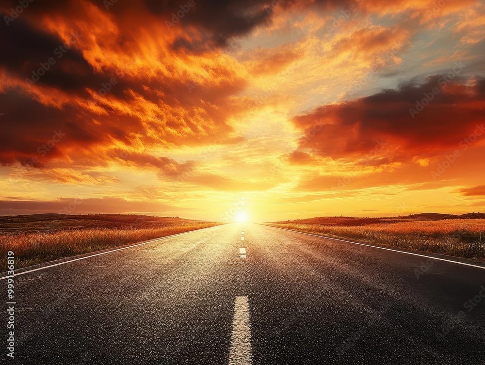 Naklejka premium expansive asphalt road stretches towards a breathtaking twilight sky warm hues paint the horizon creating a serene yet dramatic scene that evokes a sense of journey and possibility