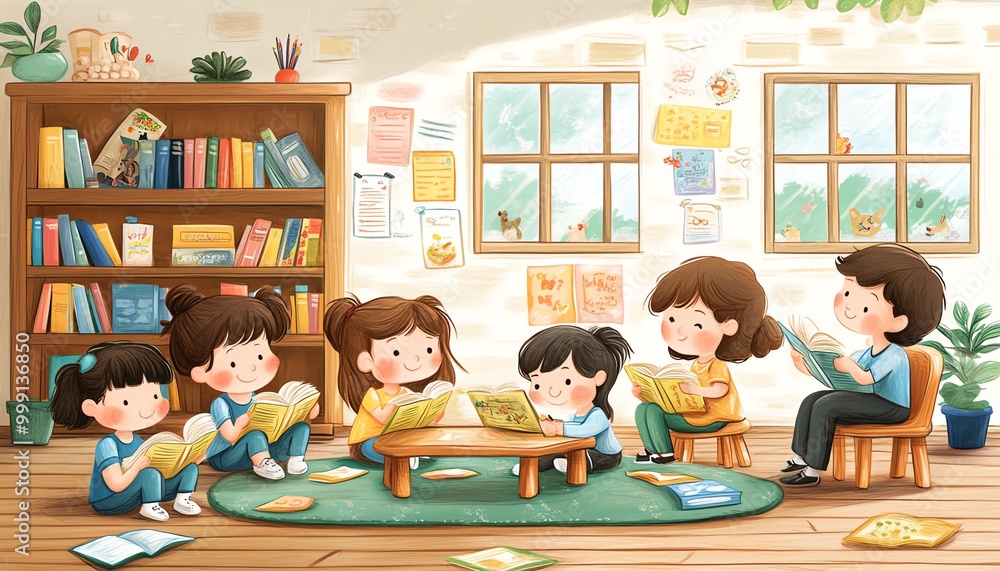 A warm and inviting classroom setting with children reading storybooks in pairs, smiling, with a teacher sitting nearby, surrounded by educational posters and bookshelves A warm and inviting classroom setting with children reading storybooks in pairs, smiling, with a teacher sitting nearby, surrounded by educational posters and bookshelves