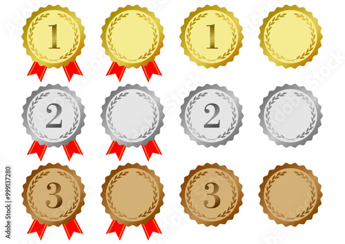 月桂樹の金銀銅のメダルのフレームイラストのセット_グラデーション
