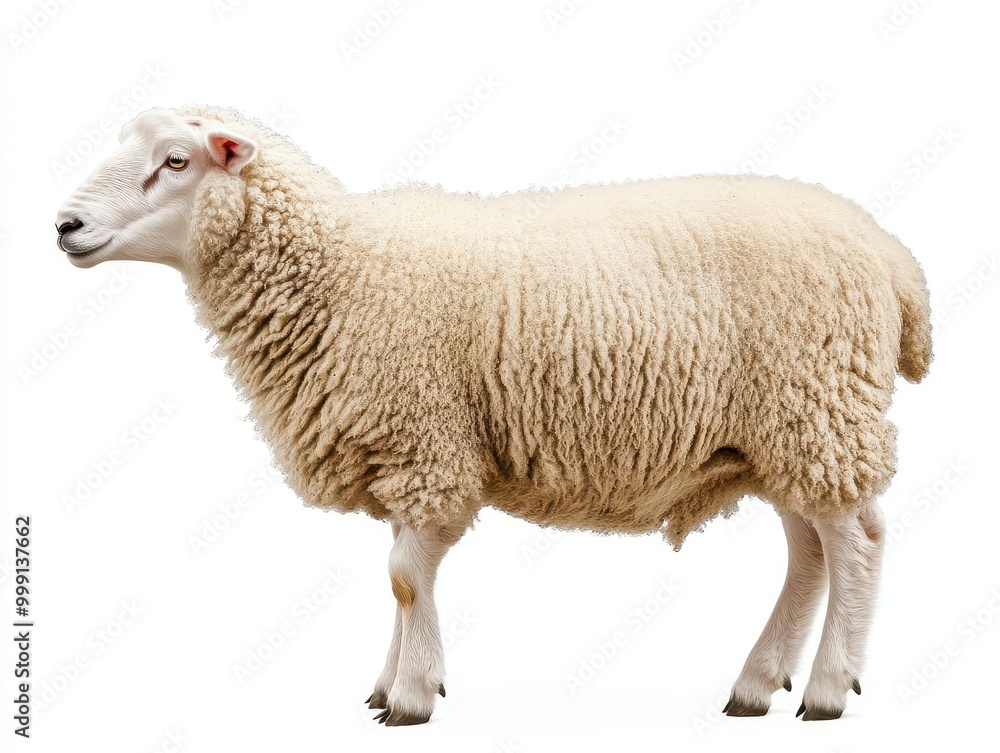 fluffy white sheep standing in profile detailed wool texture isolated on pure white background fluffy white sheep standing in profile detailed wool texture isolated on pure white background