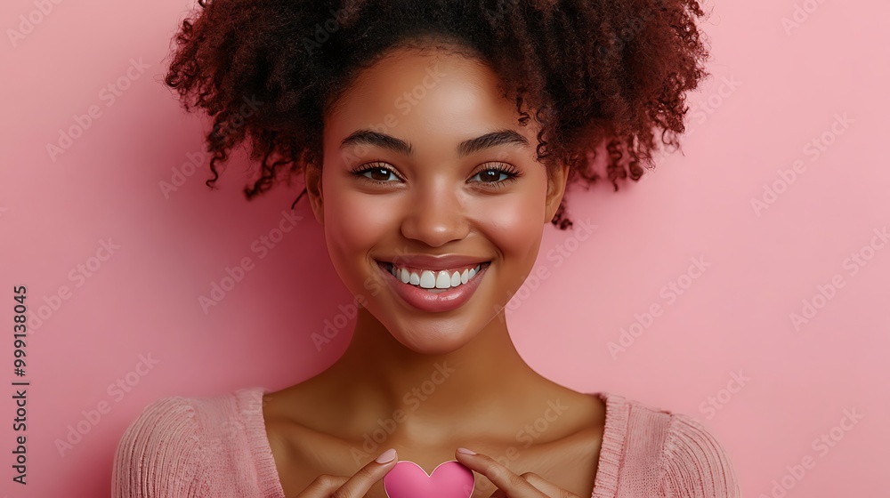 A young woman with a bright smile holds a pink heart in front of her chest on a pink background. A young woman with a bright smile holds a pink heart in front of her chest on a pink background.