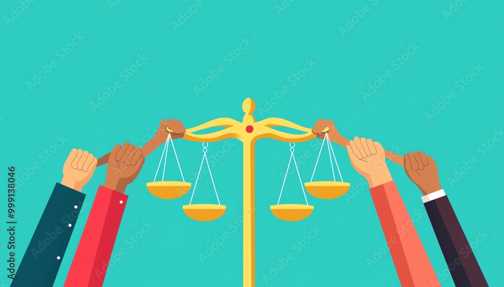 A flat design illustration of hands from different backgrounds coming together to hold a balanced scale, symbolizing unity, equality, and collective justice A flat design illustration of hands from different backgrounds coming together to hold a balanced scale, symbolizing unity, equality, and collective justice