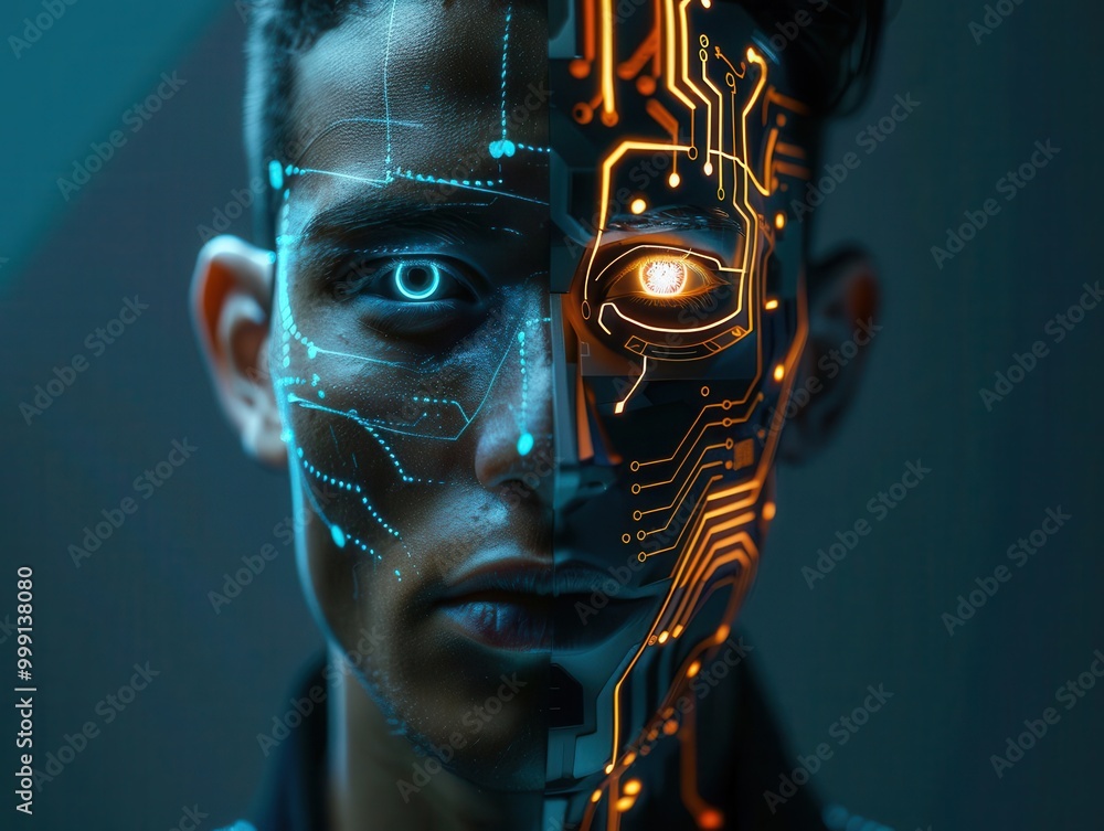 futuristic ai portrait with half human half robot face glowing circuitry one eye human one eye robotic against dark tech background futuristic ai portrait with half human half robot face glowing circuitry one eye human one eye robotic against dark tech background