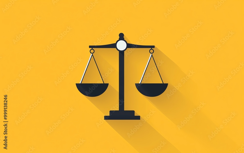 A flat design scales of justice icon, centered on equality symbols in balance, with a sharp and contemporary color palette of black, white, and gold A flat design scales of justice icon, centered on equality symbols in balance, with a sharp and contemporary color palette of black, white, and gold