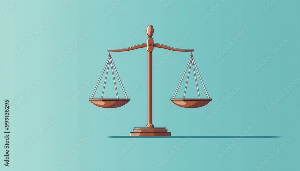 A flat design showing justice scales with perfectly equal weights, representing fairness and equilibrium, set against a clean, modern backdrop A flat design showing justice scales with perfectly equal weights, representing fairness and equilibrium, set against a clean, modern backdrop