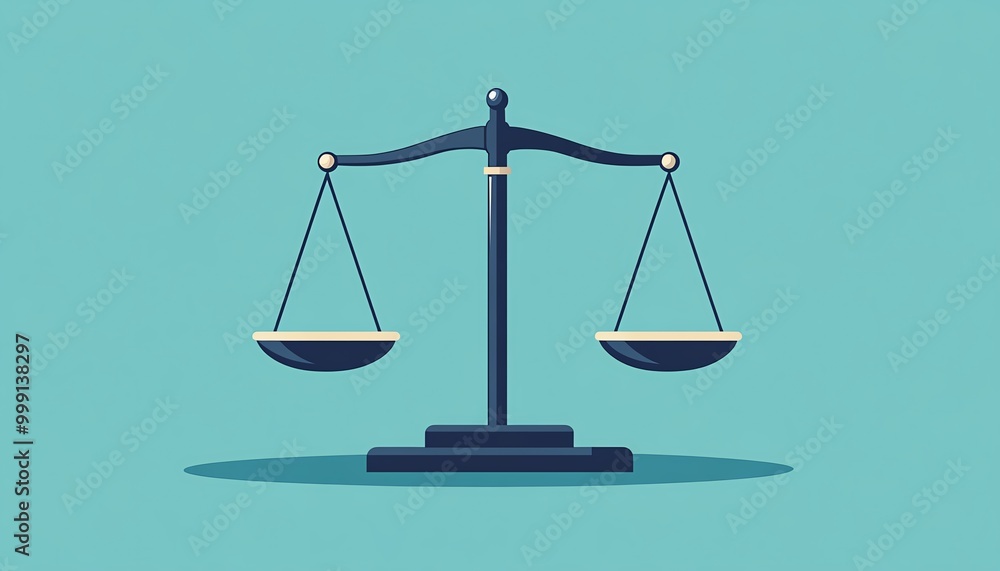 A flat design showing justice scales with perfectly equal weights, representing fairness and equilibrium, set against a clean, modern backdrop A flat design showing justice scales with perfectly equal weights, representing fairness and equilibrium, set against a clean, modern backdrop