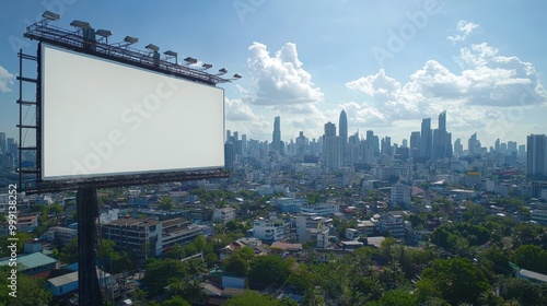 A large billboard is in the middle of a city with a clear blue sky