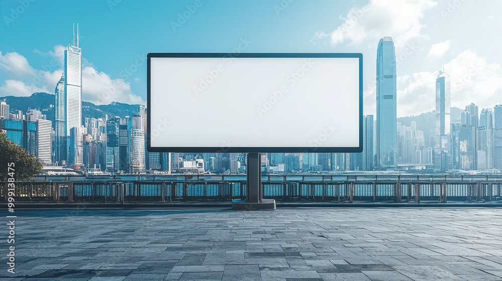 A large white billboard sits in front of a city skyline A large white billboard sits in front of a city skyline