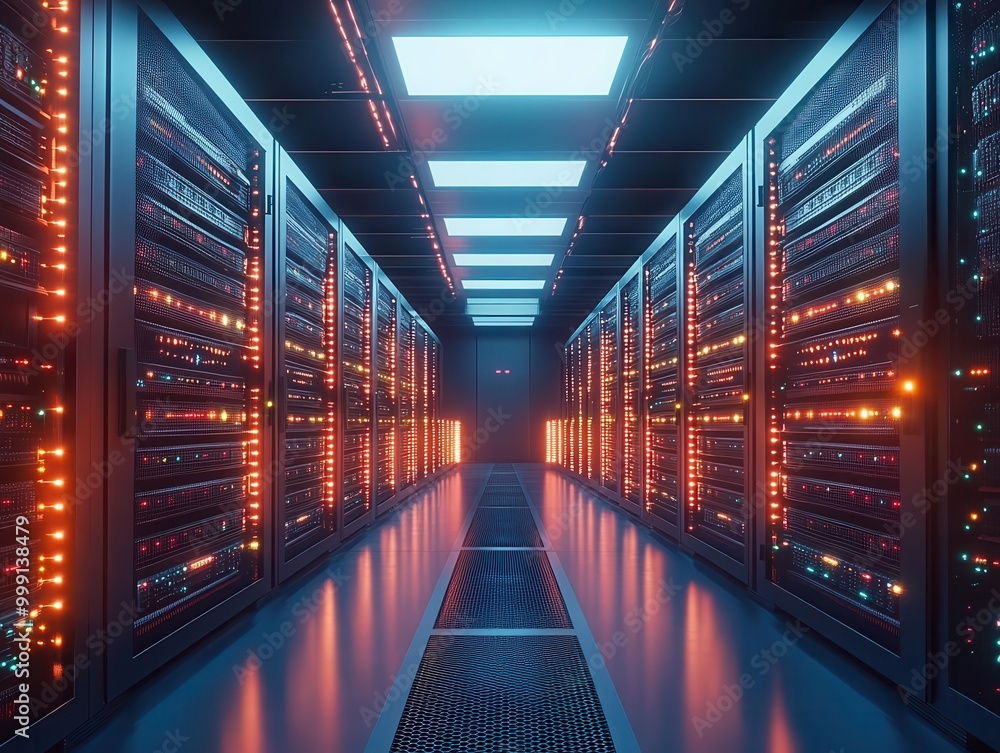 futuristic data center interior rows of sleek server racks with glowing lights representing cloud computing and big data storage futuristic data center interior rows of sleek server racks with glowing lights representing cloud computing and big data storage