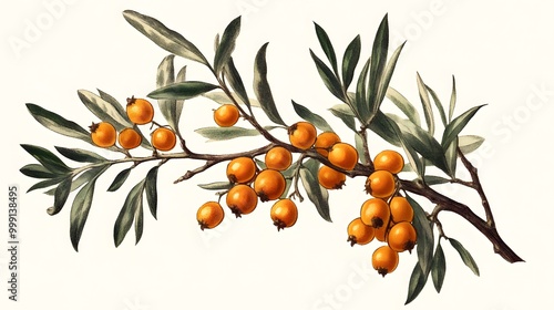 Botany plants antique engraving illustration: Hippophae rhamnoides (sea buckthorn)
 photo