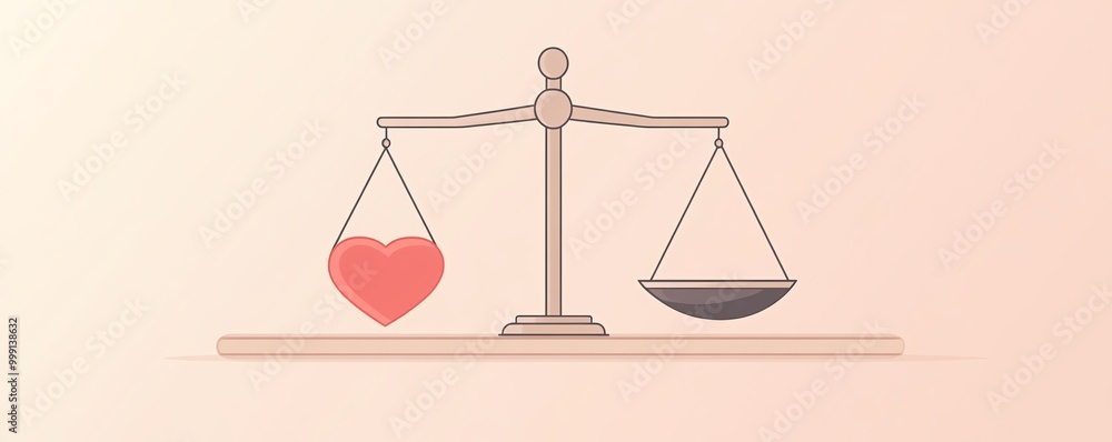 A minimalist flat vector of scales of justice with a heartshaped balance, representing the fusion of morality and fairness, in soft, harmonious colors A minimalist flat vector of scales of justice with a heartshaped balance, representing the fusion of morality and fairness, in soft, harmonious colors