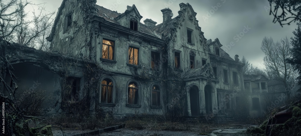 A dilapidated Gothic mansion, with crumbling walls, broken windows, and tangled vines A dilapidated Gothic mansion, with crumbling walls, broken windows, and tangled vines