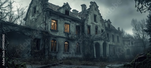 A dilapidated Gothic mansion, with crumbling walls, broken windows, and tangled vines