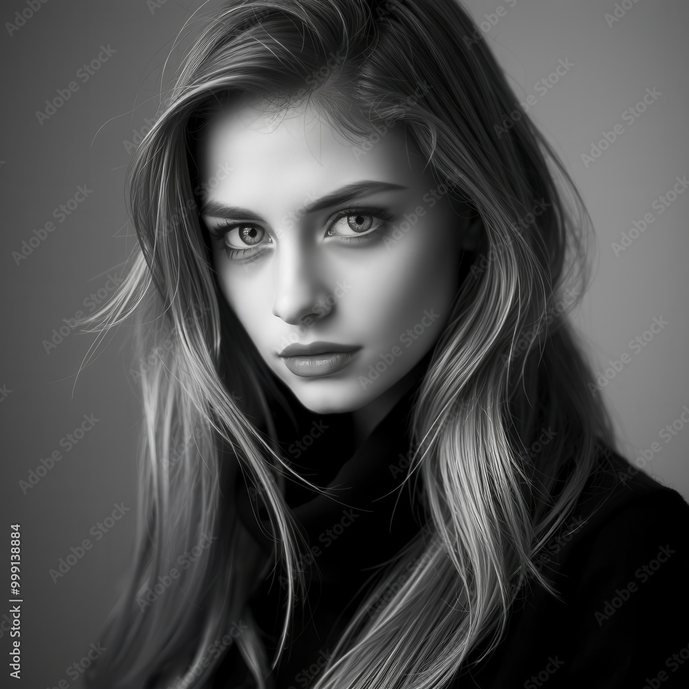 Black and White Headshot of a Beautiful Young Woman with Artistic Shadow and Light Black and White Headshot of a Beautiful Young Woman with Artistic Shadow and Light