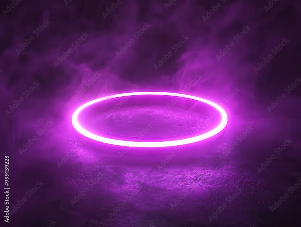 Obraz premium futuristic neon sculpture glowing purple ring floating in dark void emitting ethereal mist and pulsating energy cyberpunk aesthetic