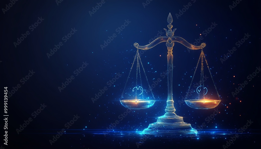 A bold flat design of scales of justice, highlighted by equality symbols on each side, glowing against a deep navy background for a striking visual A bold flat design of scales of justice, highlighted by equality symbols on each side, glowing against a deep navy background for a striking visual