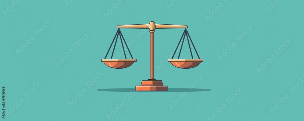 A clean flat design of scales of justice with identical weights, representing the core values of fairness and equality, set on a minimalistic background A clean flat design of scales of justice with identical weights, representing the core values of fairness and equality, set on a minimalistic background