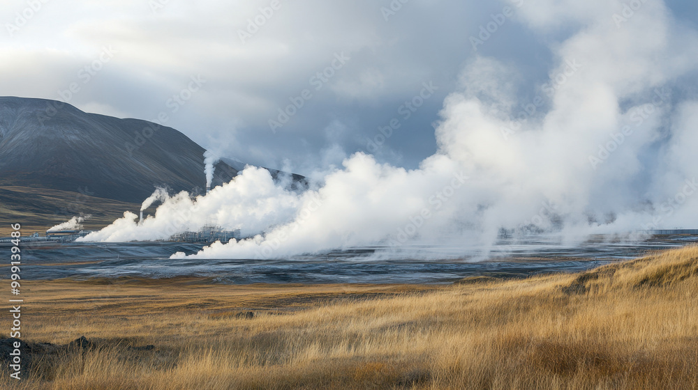 A geothermal power station emits steam, surrounded by a vast landscape of golden grass and distant mountains under a cloudy sky. A geothermal power station emits steam, surrounded by a vast landscape of golden grass and distant mountains under a cloudy sky.
