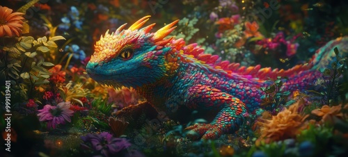 A dragon in a lush, magical garden