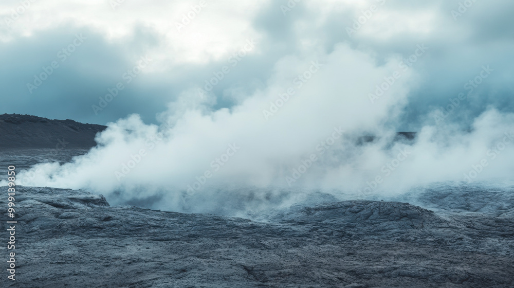 A surreal volcanic landscape with dense steam rising from the ground under a moody, cloudy sky, evoking a sense of otherworldly desolation. A surreal volcanic landscape with dense steam rising from the ground under a moody, cloudy sky, evoking a sense of otherworldly desolation.