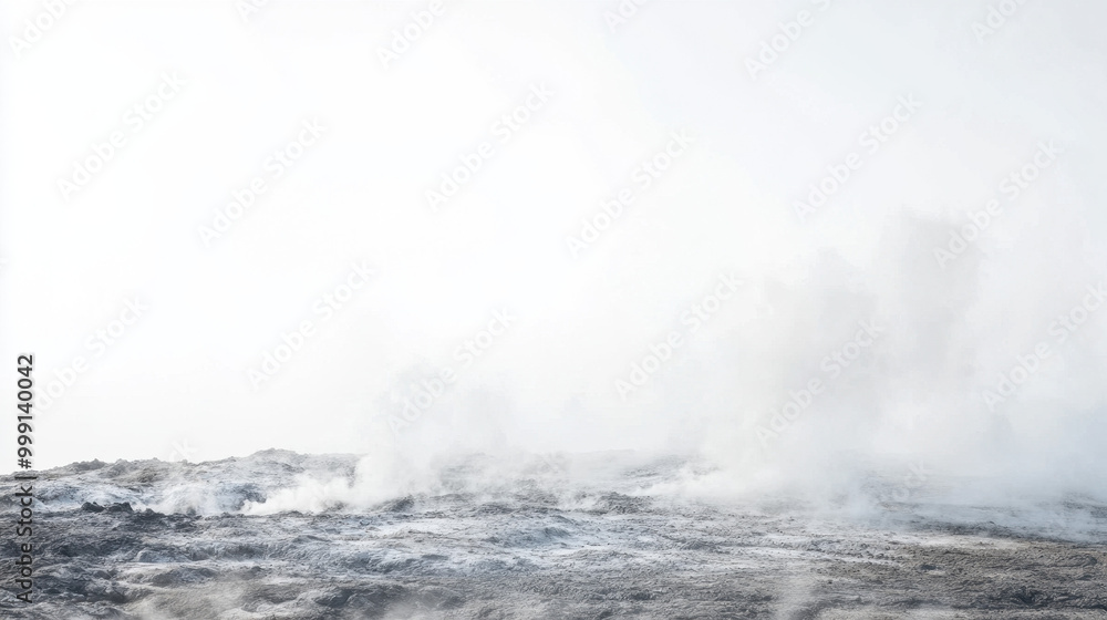 Fototapeta premium A serene landscape showcasing a misty volcanic area with billowing steam under a pale sky.